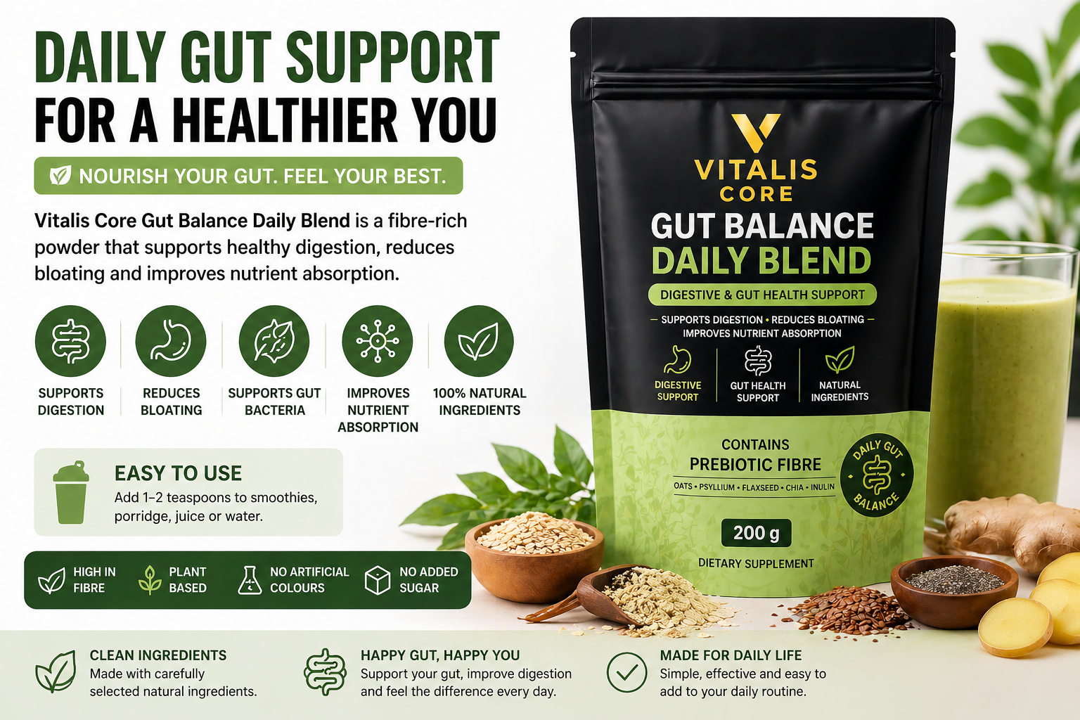 Vitalis Core Gut Balance Daily Blend – Digestive & Gut Health Support (200 g)